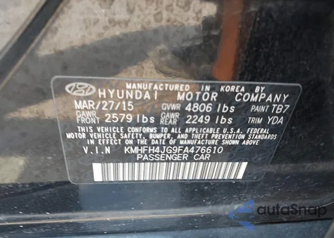 2015 Hyundai Azera Limited from USA, damaged, VIN KMHFH4JG9FA476610